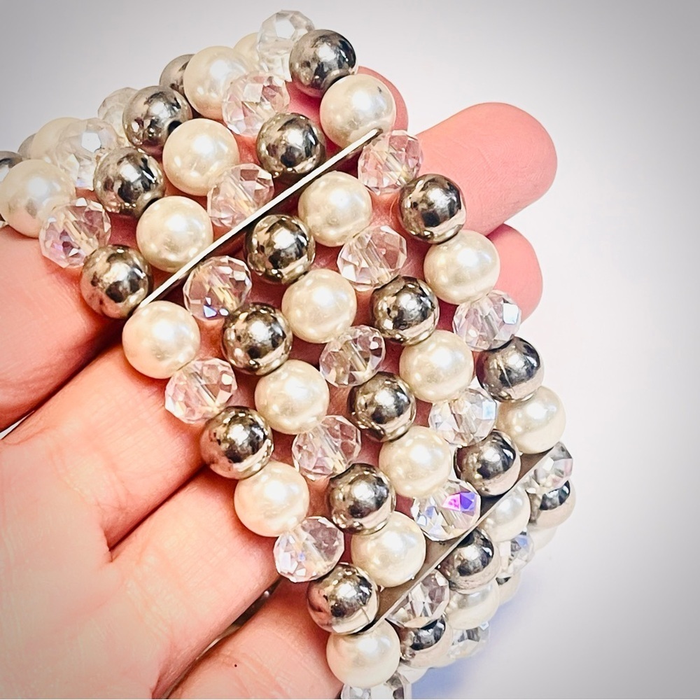 Glass Pearl Bead Stretch Layered Bling Bracelet - Picture 2 of 5